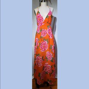 Flying Tomato Maxi Dress Deep V-Neck Backless Floral Orange Medium Women